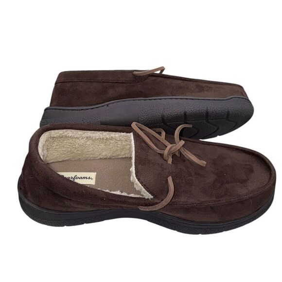 Dearfoams Men’s Microsuede Toby Moccasin Slippers Coffee Sz. M 9/10 Fleece Lined - Picture 8 of 8